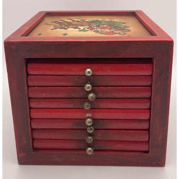 Other - Enesco Christmas Coaster Wood Leather Box Set of 8 Vintage 1979